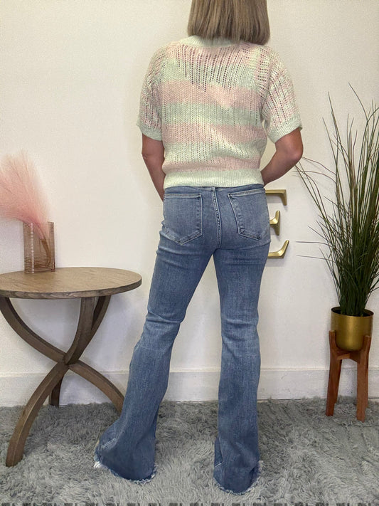 Judy blue high waist untuck flare jeans raw frayed hem medium wash