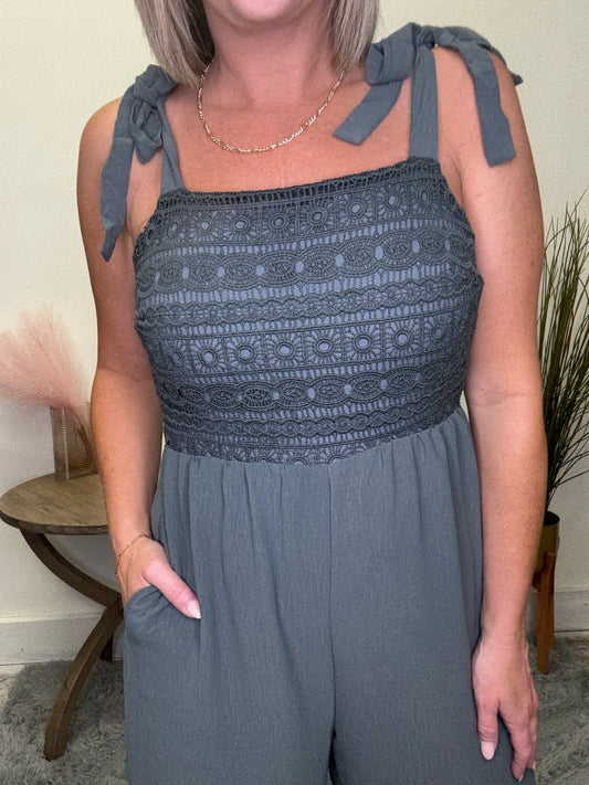 Lace front bust adjustable tie straps jumpsuit wide legs pockets Hayden la romper green teal