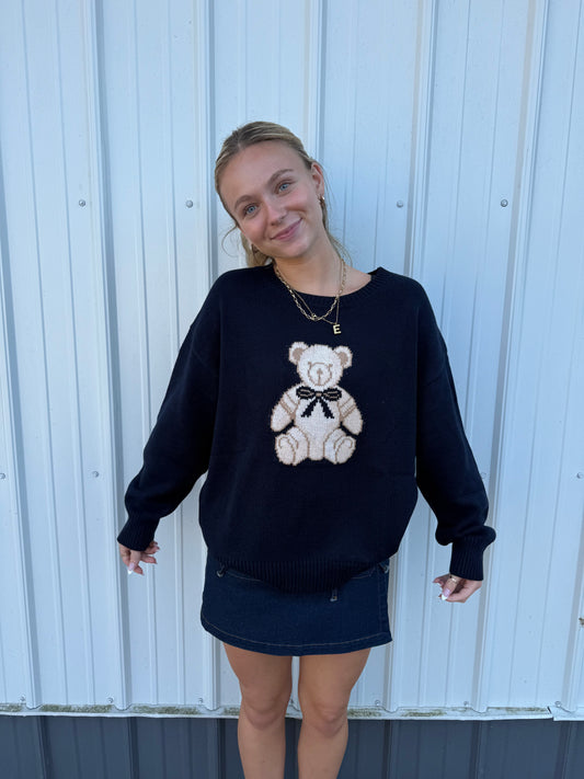 blu pepper navy bear sweater trendy lightweight knit teddy bow Roanoke Indiana Ella chic boutique