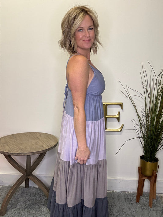 Cami Colorblock Maxi Dress Hem and Thread blue gray purple lavender