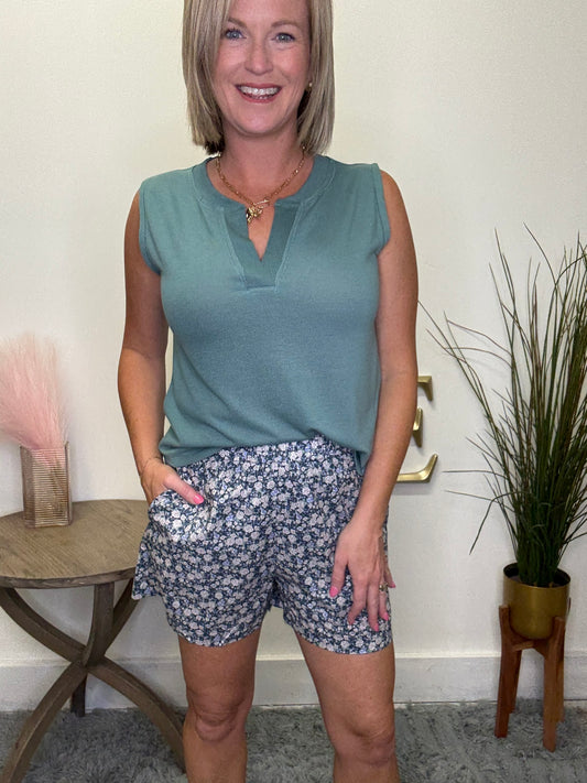 Navy Floral Elastic Waist Shorts