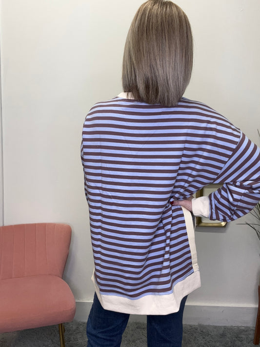 white birch striped pullover sweatshirt top side slit hem