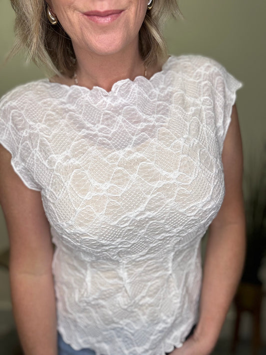 Flattering Lace Lettuce Edge Boat Neck Sheer Knit Top Cream Ivory Hem and Thread