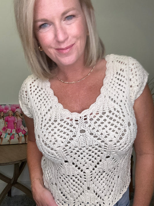 by together cream cotton knit crochet open sweater v-neck top ivory scallop boutique Roanoke, IN