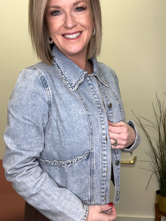 Lightweight Denim Jacket With Scallop Details - Ella Chic Boutique