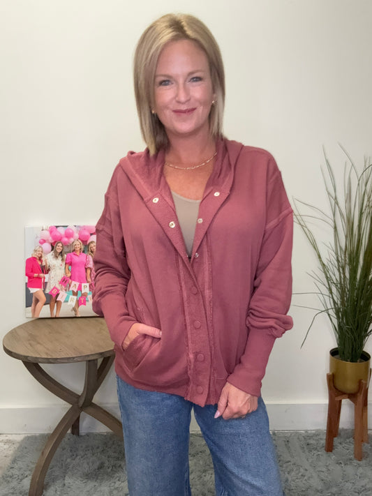 Oversized Snap Front Hoodie Jacket in Marsala Staccato brand raw edge large cuffs boutique fall clothes casual