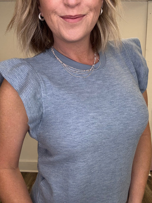 Beautiful Blue Ruffle Sleeve Waffle Knit Top
