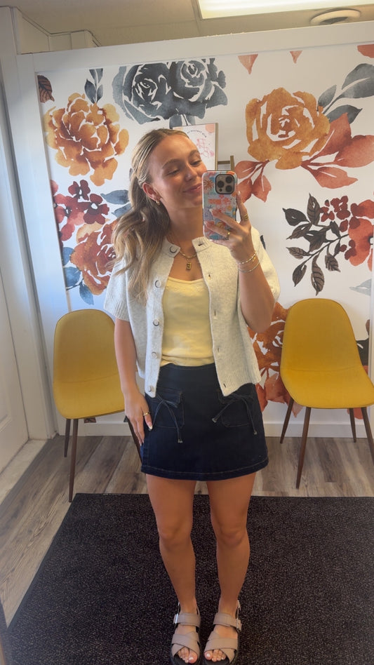 Wrap Front Tie Pocket Denim Mini Skort
