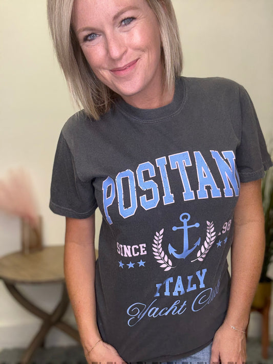 Positano Italy graphic tee shirt yacht club comfort colors t gray charcoal black.light blue pink