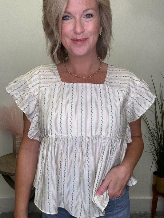 Pinstriped Floral Print Square Neck Top - Ella Chic Boutique