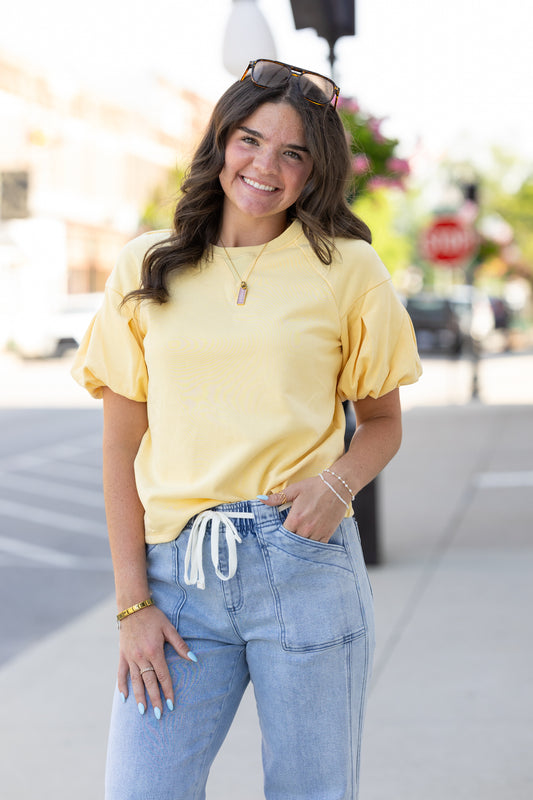 Yellow Pleat Puff Sleeve Top
