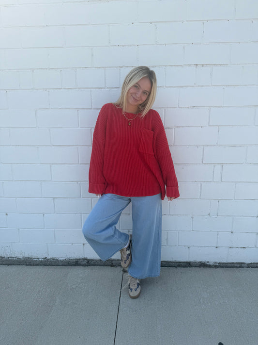 Hyfve double zero red knit oversized sweater cuffs long length chest pocket