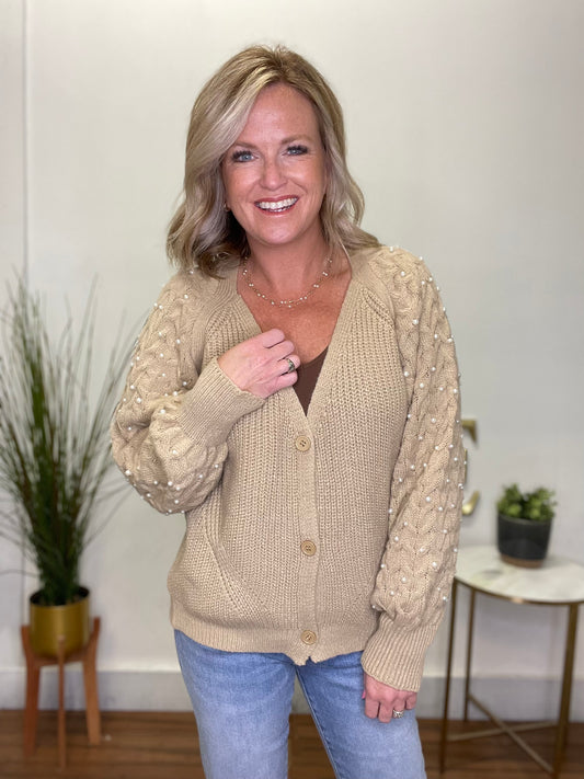 Pearl Beaded Cable Knit Sleeve Cardigan - Latte - Ella Chic Boutique