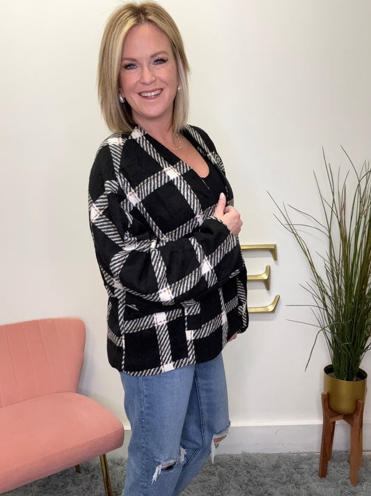 Oversized plaid black white cardigan button front pockets hyfve double zero boutique