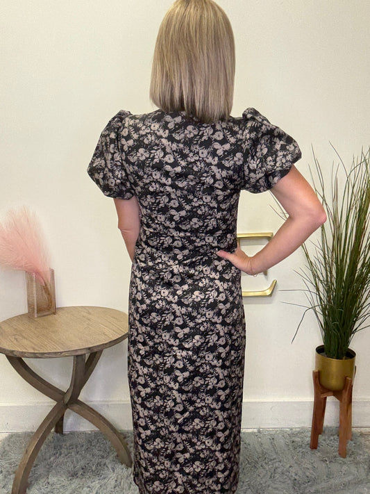 Midi Wanda dress Mikarose black floral ruched bust puff sleeve fitted flattering fall 2025 button front v-neck nursing friendly
