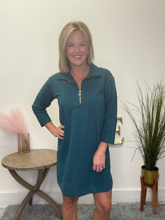 Mary Square Gulf Blue Raven 1/4 Zip Front Dress ribbed teal gold zipper 3/4 sleeves fall