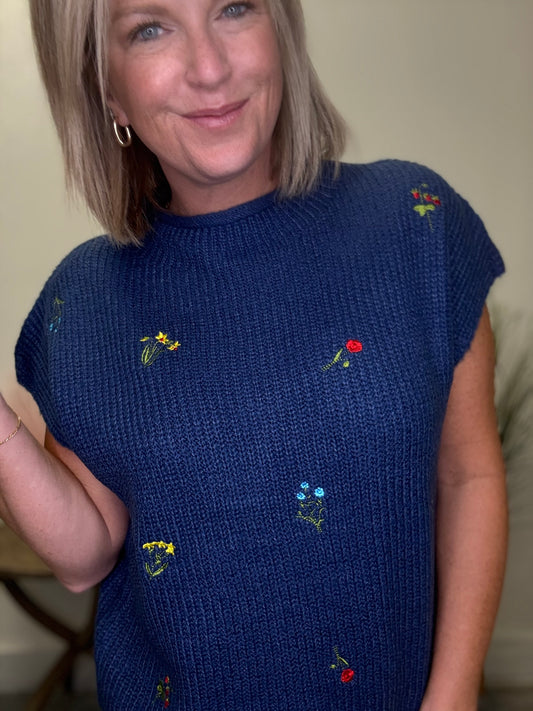 Mock Neck Embroidered Florals Sleeveless Sweater