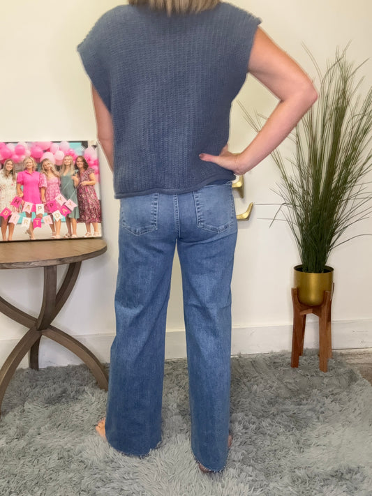 risen brand jeans high rise wide leg medium wash raw hem crop tummy control boutique Indiana