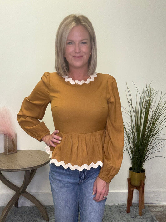 Wavy Twill Trimmed Baby Doll Top - Ella Chic Boutique