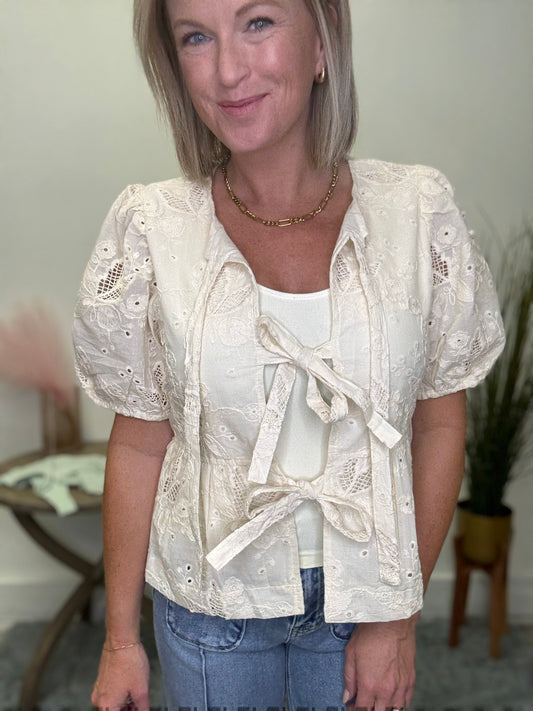 Tie front antique lace cream top puff sleeves vintage mikarose boutique fall 2025