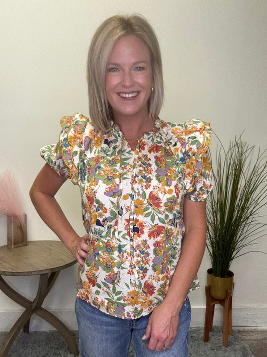 Floral Print Ruffled Tie Neck Top - Ella Chic Boutique