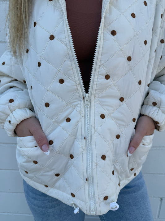 Hyfve double zero jacket coat white brown polka dot embroidered pockets zip front