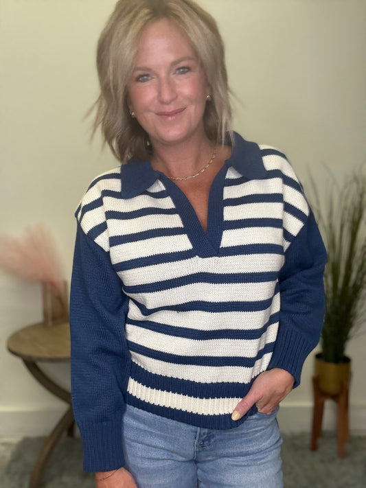 Solid and Stripes Collar Sweater - Ella Chic Boutique