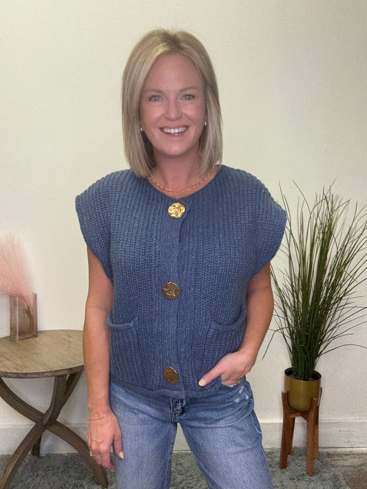 Big Metal Button Front Sweater Vest - Ella Chic Boutique