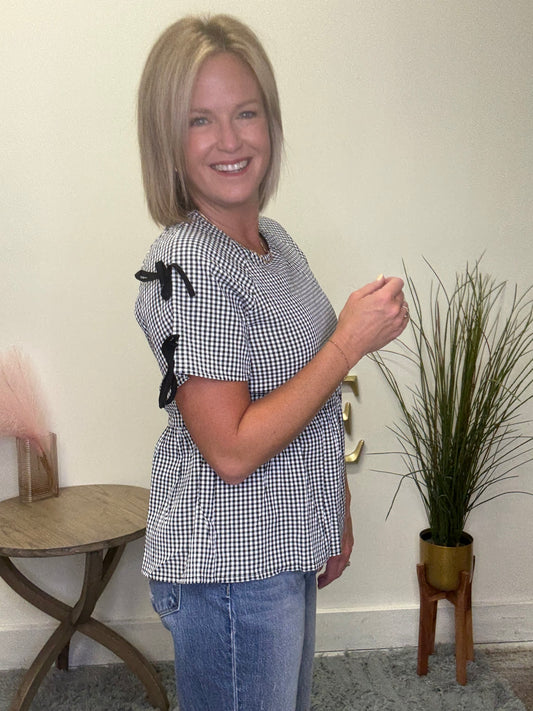 Contrast Ribbon Gingham Babydoll Top - Ella Chic Boutique