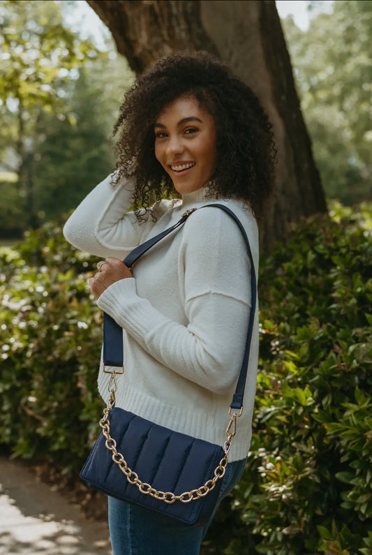 Lala Quilted Gold Chain Quilted Puffer Crossbody Bag in Navy