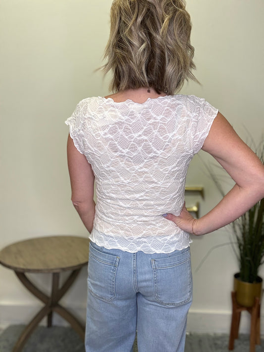 Flattering Lace Lettuce Edge Boat Neck Sheer Knit Top Cream Ivory Hem and Thread