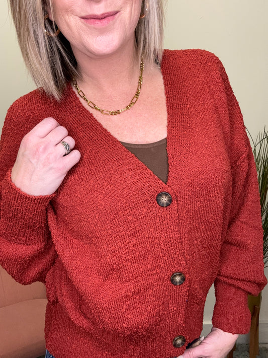 Brick red redwood button front cardigan sweater dolman sleeve hyfve double zero