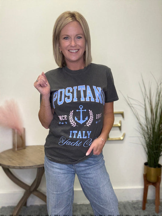 Positano Italy graphic tee shirt yacht club comfort colors t gray charcoal black.light blue pink