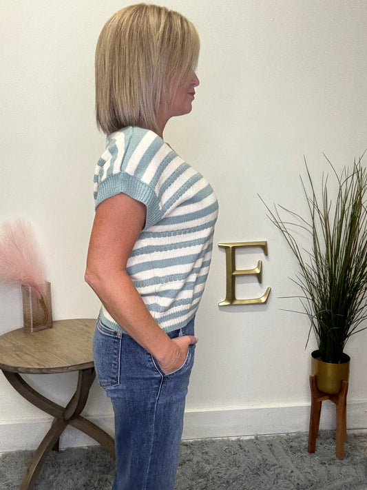 Polagram Baevely Seafoam striped short sleeve knit sweater top