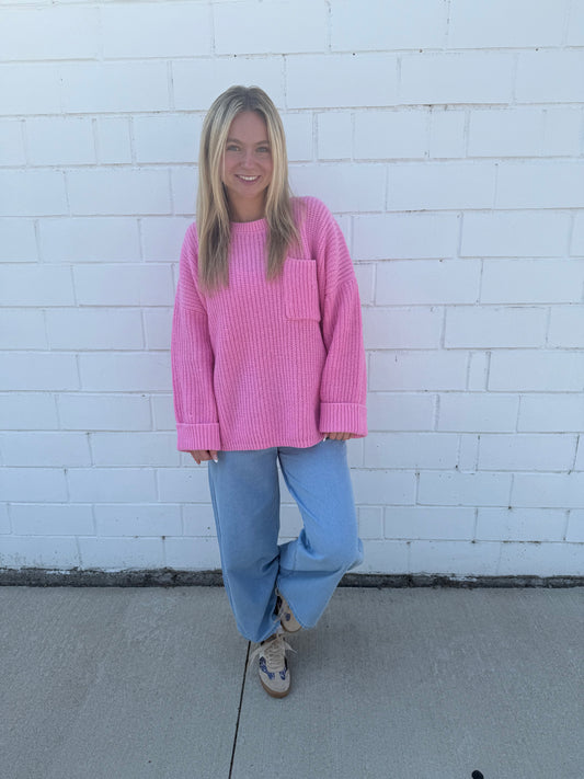 Hyfve pink bubblegum sweater oversized knit top wide sleeves cuffs long chest pocket