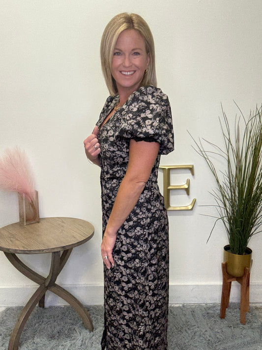 Midi Wanda dress Mikarose black floral ruched bust puff sleeve fitted flattering fall 2025 button front v-neck nursing friendly