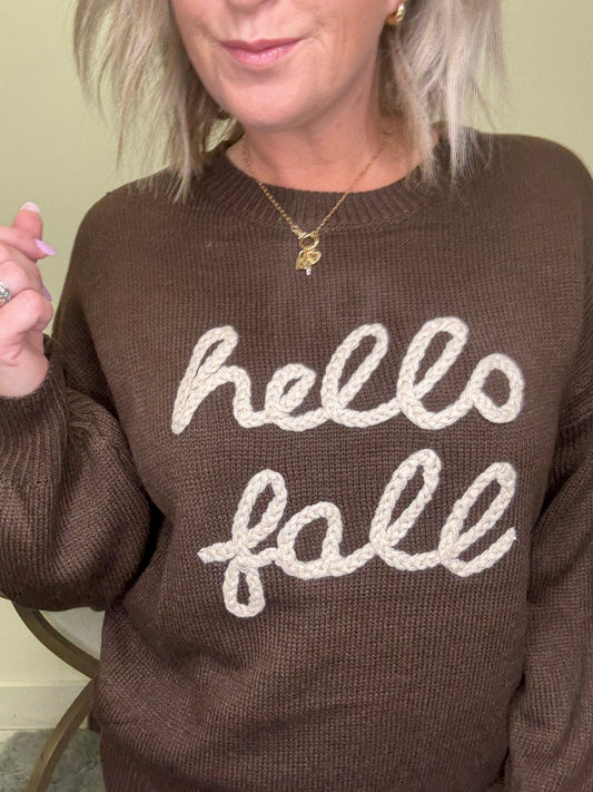 Hello Fall Embroidered Chocolate Sweater