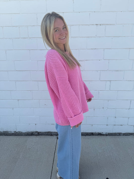 Hyfve pink bubblegum sweater oversized knit top wide sleeves cuffs long chest pocket