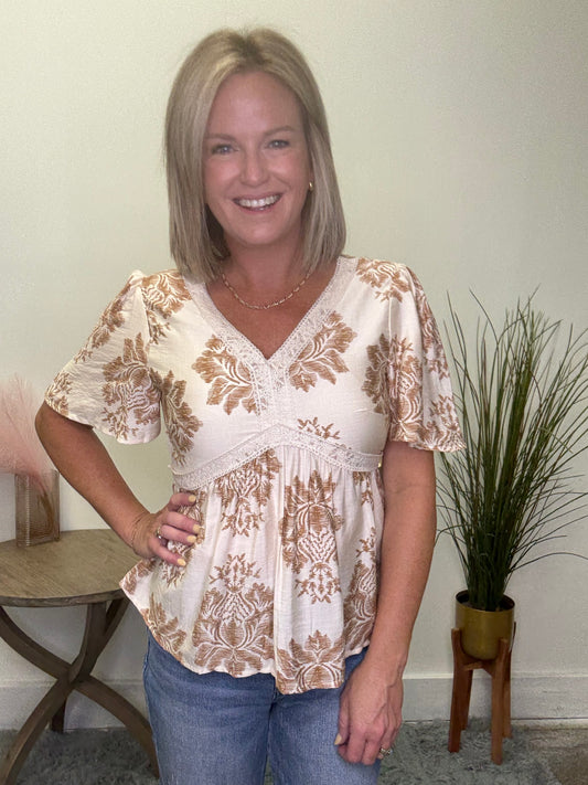 Textured Print Lace Detailed V-Neck Top