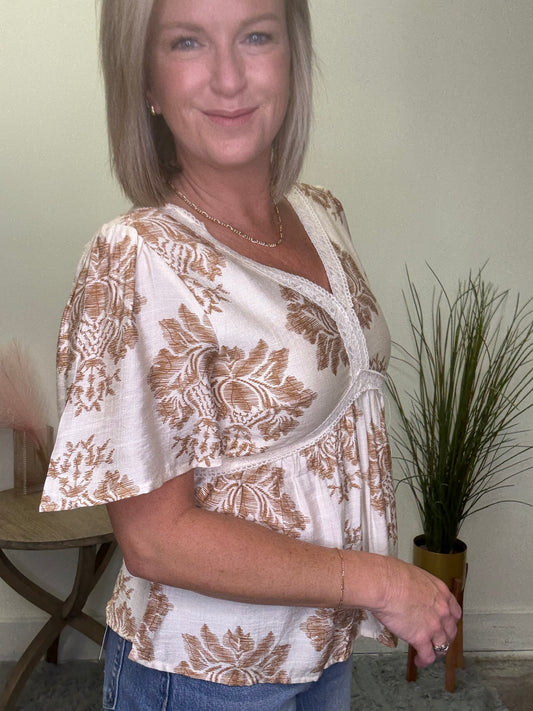 Textured Print Lace Detailed V-Neck Top - Ella Chic Boutique