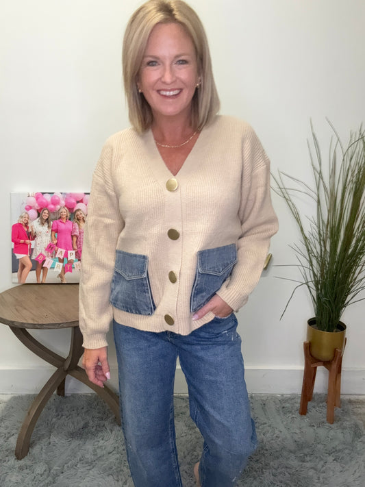 Turn to it Gold Button Denim Pocket Cardigan
