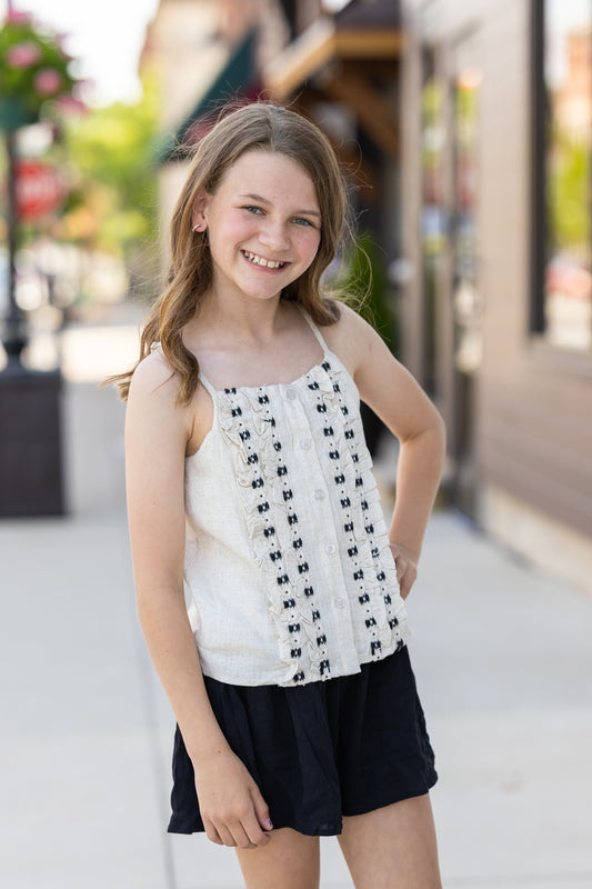 Ruffled Tape Trim Linen Tank - Girls