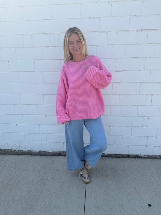 Hyfve pink bubblegum sweater oversized knit top wide sleeves cuffs long chest pocket