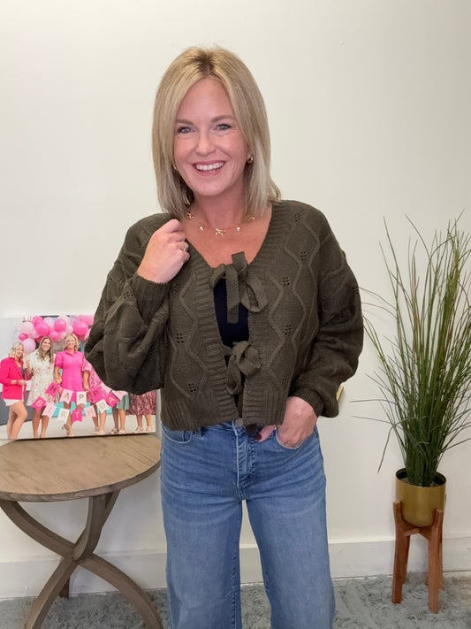 Knotted Long Sleeve Cardigan in Thyme Leaf