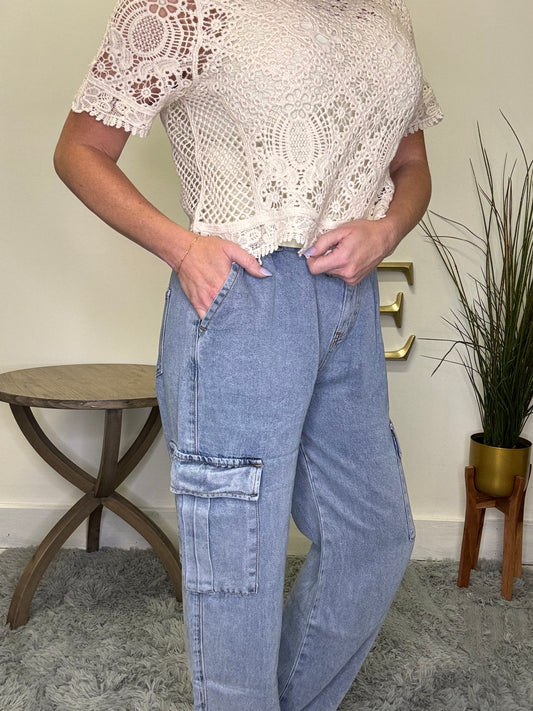 soft tencel fabric elastic waist cargo jeans straight leg pockets wishlist boutique