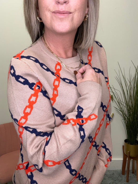 Chain Print Sweater orange navy tan thml soft high quality sale