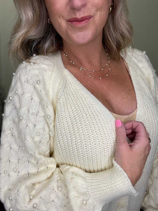 Pearl Beaded Cable Knit Sleeve Cardigan - Ivory - Ella Chic Boutique