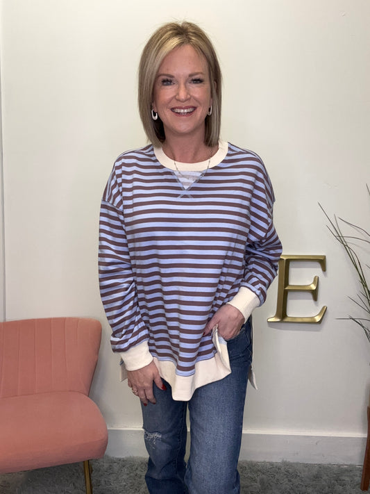 white birch striped pullover sweatshirt top side slit hem