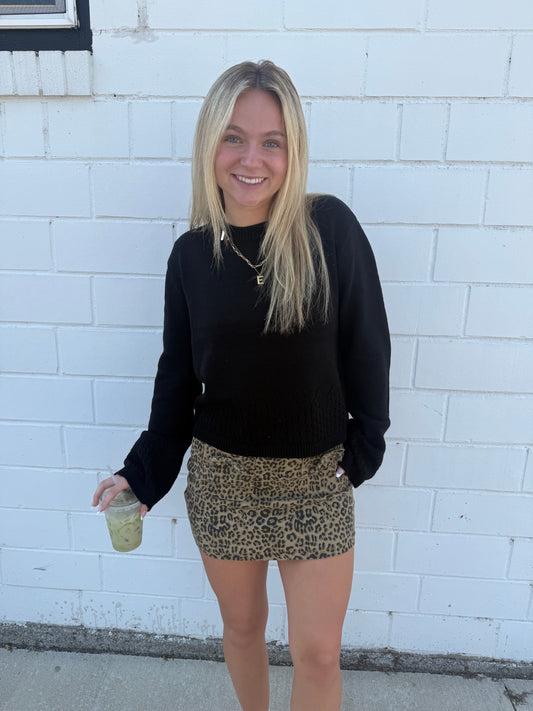 Willow leopard animal print mini skirt bows front pockets built-in shorts stretchy zip back