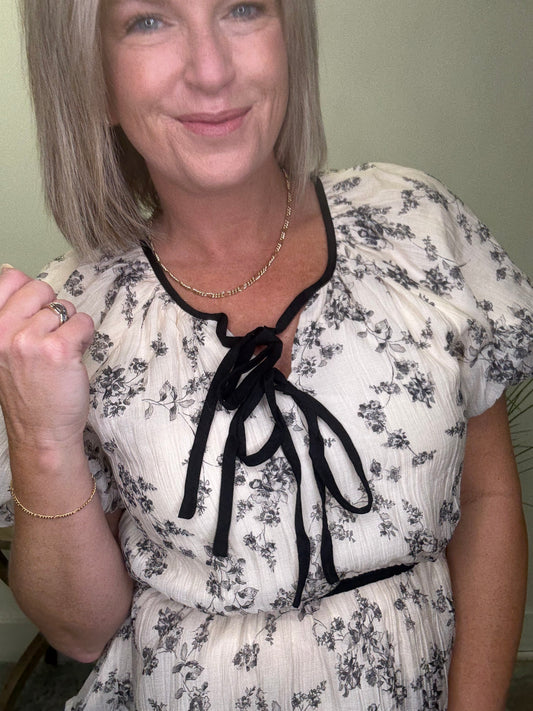 Double Bow Detail Textured Floral Top - Ella Chic Boutique